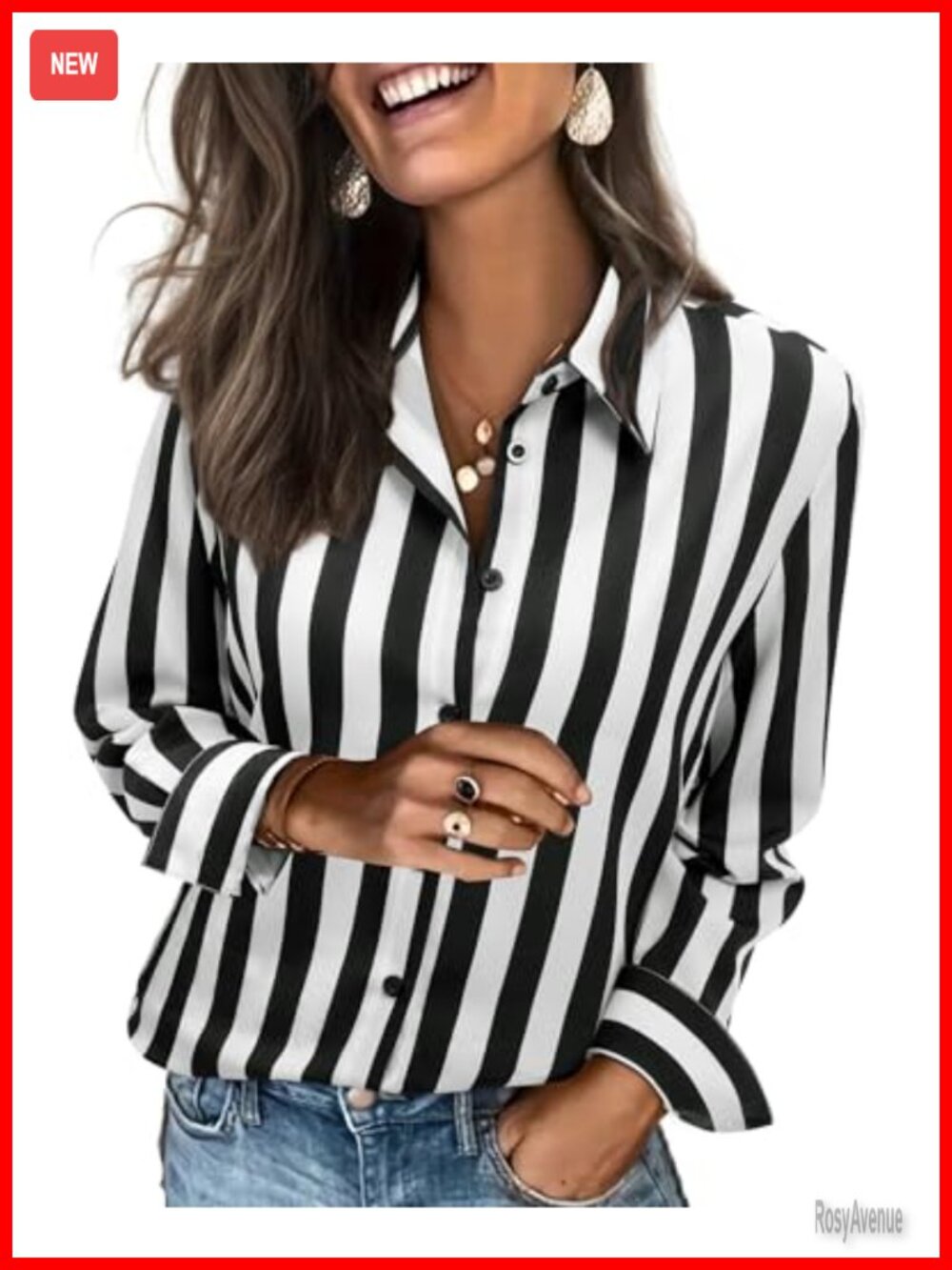 Striped Button Down Long Sleeve Work Dress Shirt Collared Blouse